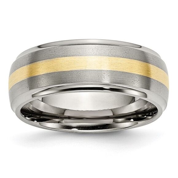 Kazi Luxury Titanium Brushed Center 14k Yellow Gold Inlay 8mm Ridged Edge B&